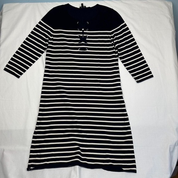 Talbots Sz PM Dress Midi Striped Nautical Lace-Up Navy White‎ 3/4 Sleeve Beach - Picture 1 of 11